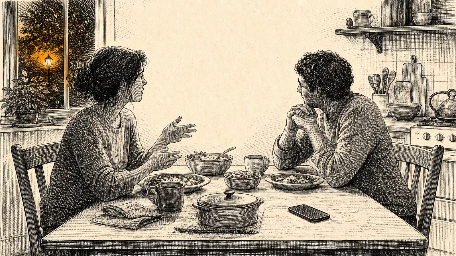 Two anonymous adults sit across a quiet table, one speaking while the other listens, with a blank phone resting face down beside the dishes.