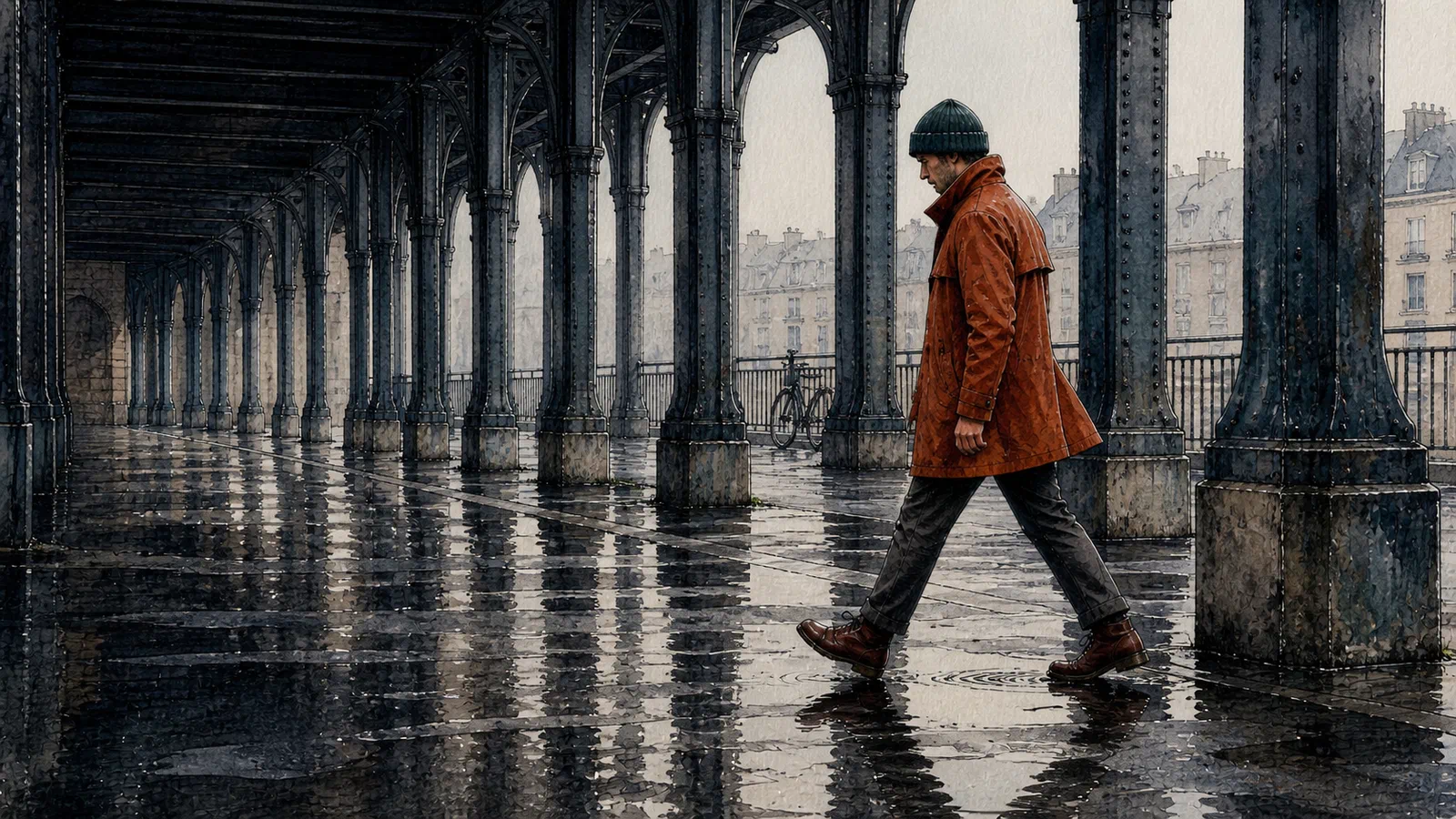 The same anonymous man in a burnt-sienna raincoat and dark teal knit cap continues beneath repeating iron columns, his oxblood boots crossing shallow rain puddles in cool morning light.
