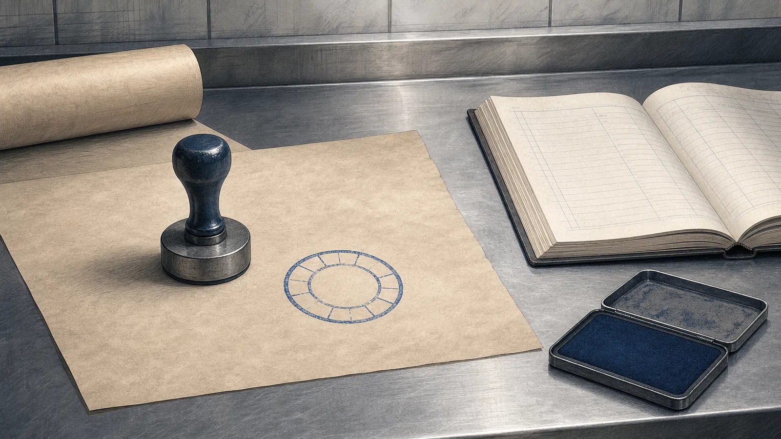Editorial illustration of an inspection legend, a ledger, and wrapped meat under a cold retail counter.