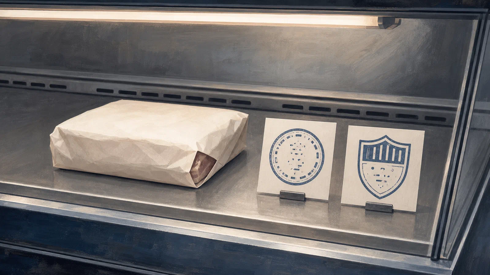 Editorial illustration separating a USDA-style inspection legend from a separate grade shield on a meat counter.