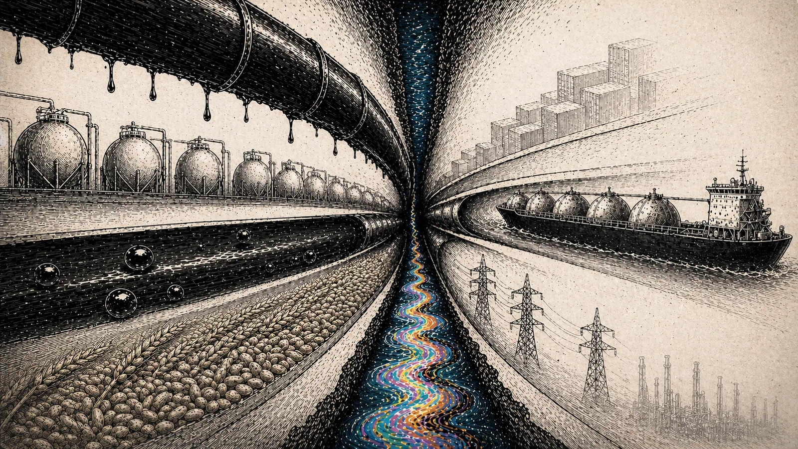 Editorial illustration of oil, gas, food, shipping, and power corridors compressed through one narrow waterway.