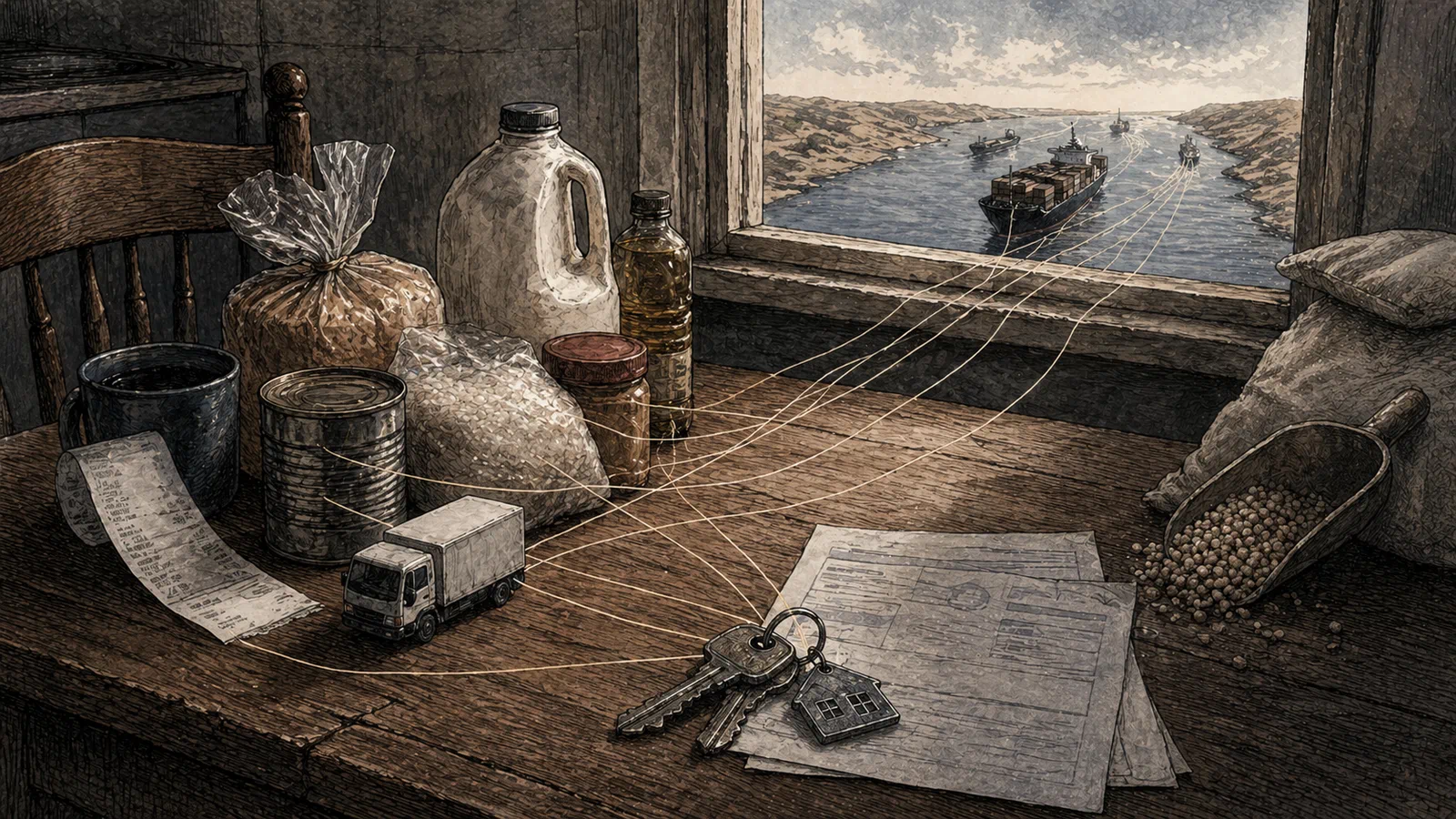 Editorial illustration of a kitchen table where fuel receipts and grocery staples are connected by thin lines to a distant sea channel.