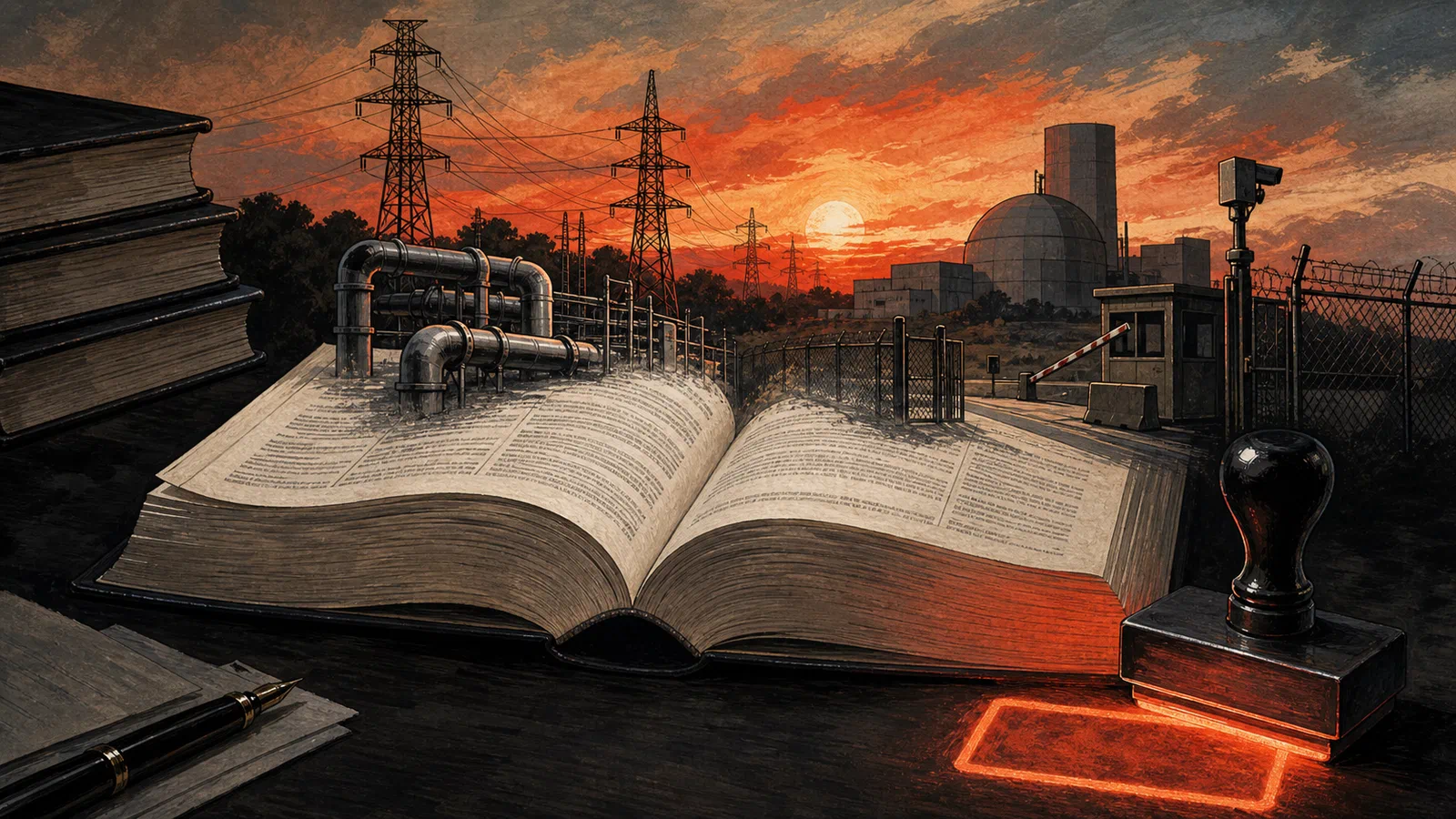 Editorial illustration of a thick Code of Federal Regulations volume with a red sunset date stamp glowing over energy pipes, wires, and a nuclear-site gate.