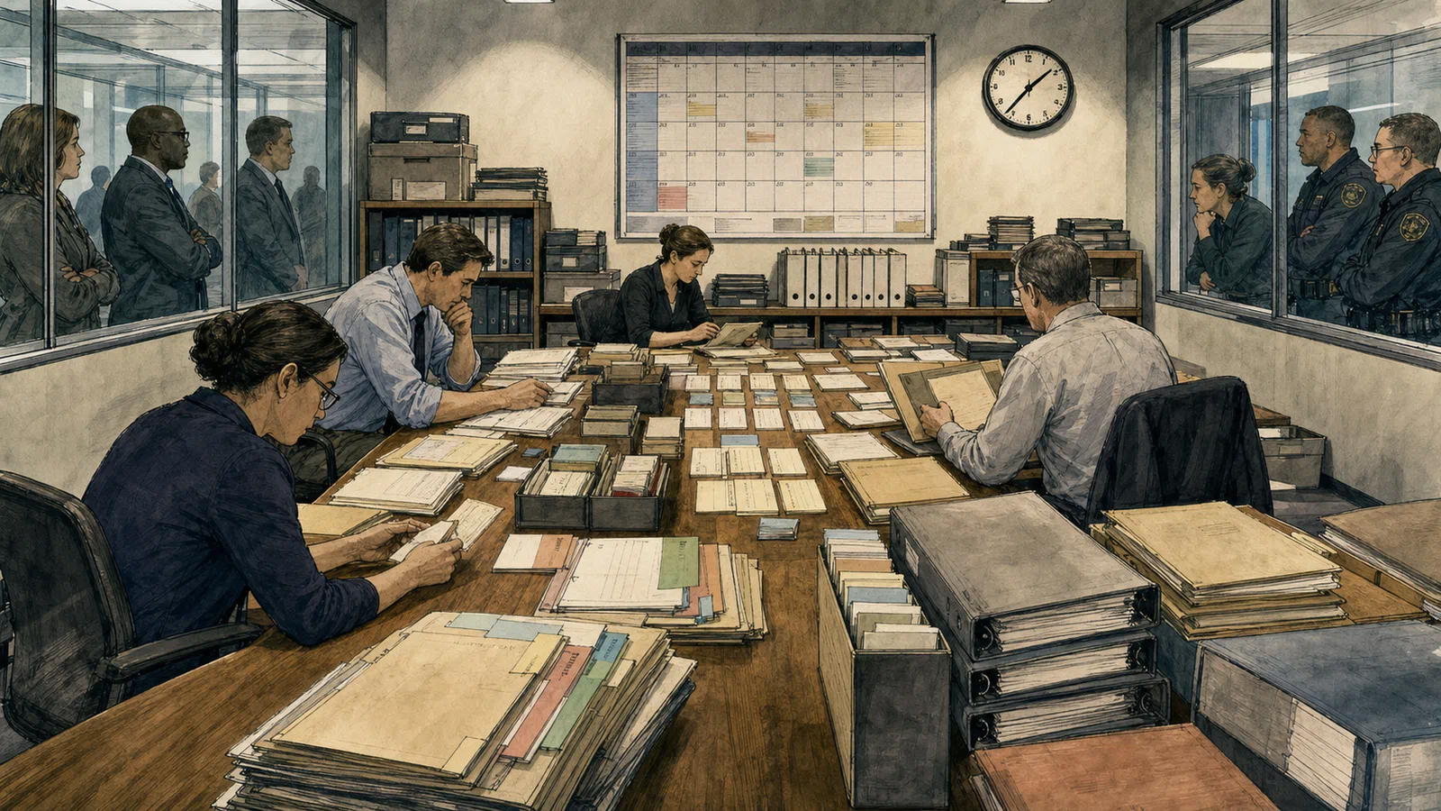 Editorial illustration of agency staff sorting old energy rules at a long table while industry representatives and public-safety monitors watch a wall calendar.