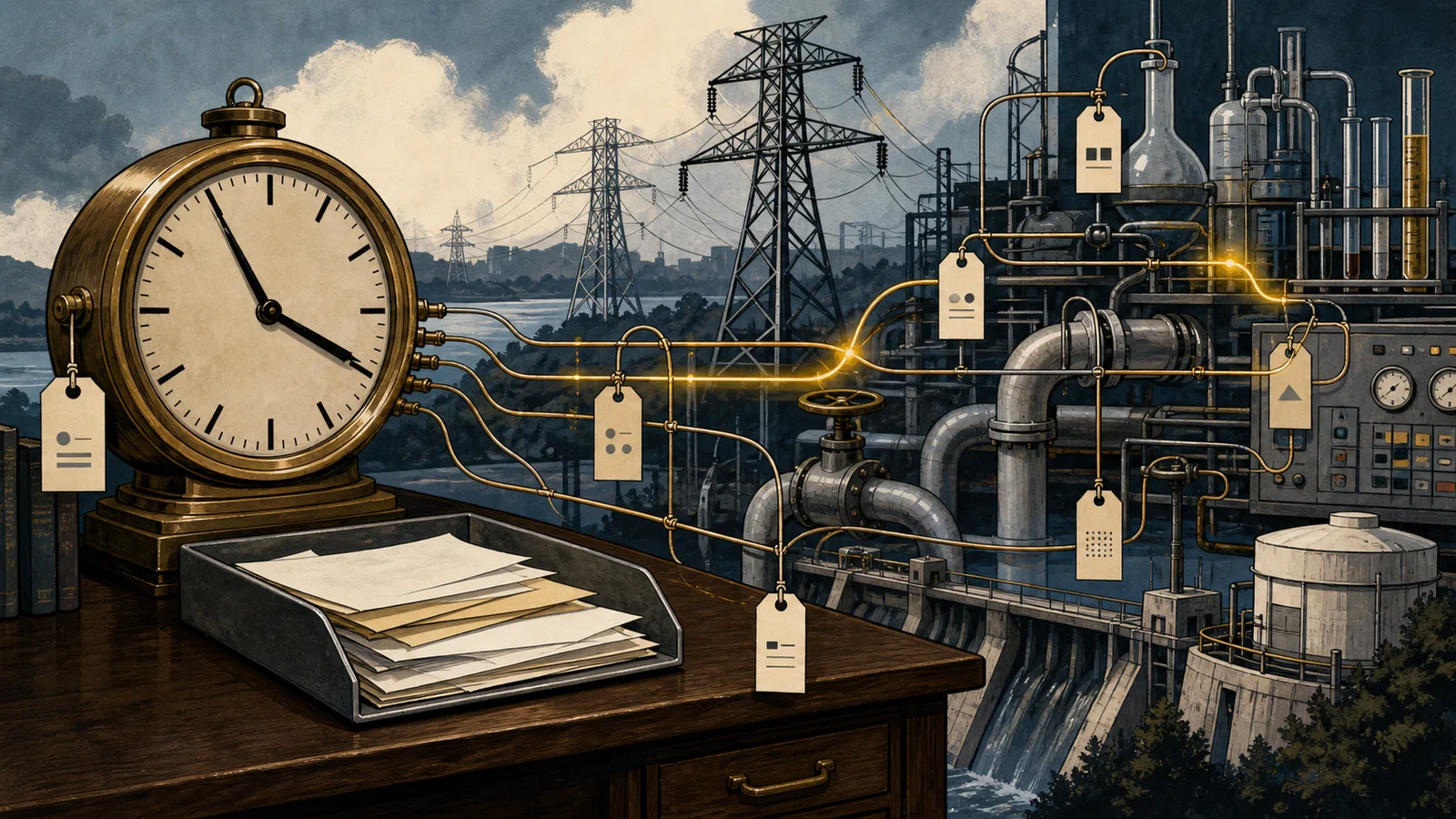 Editorial illustration of a public comment clock wired into energy infrastructure, with rules hanging like numbered tags over pipes and power lines.
