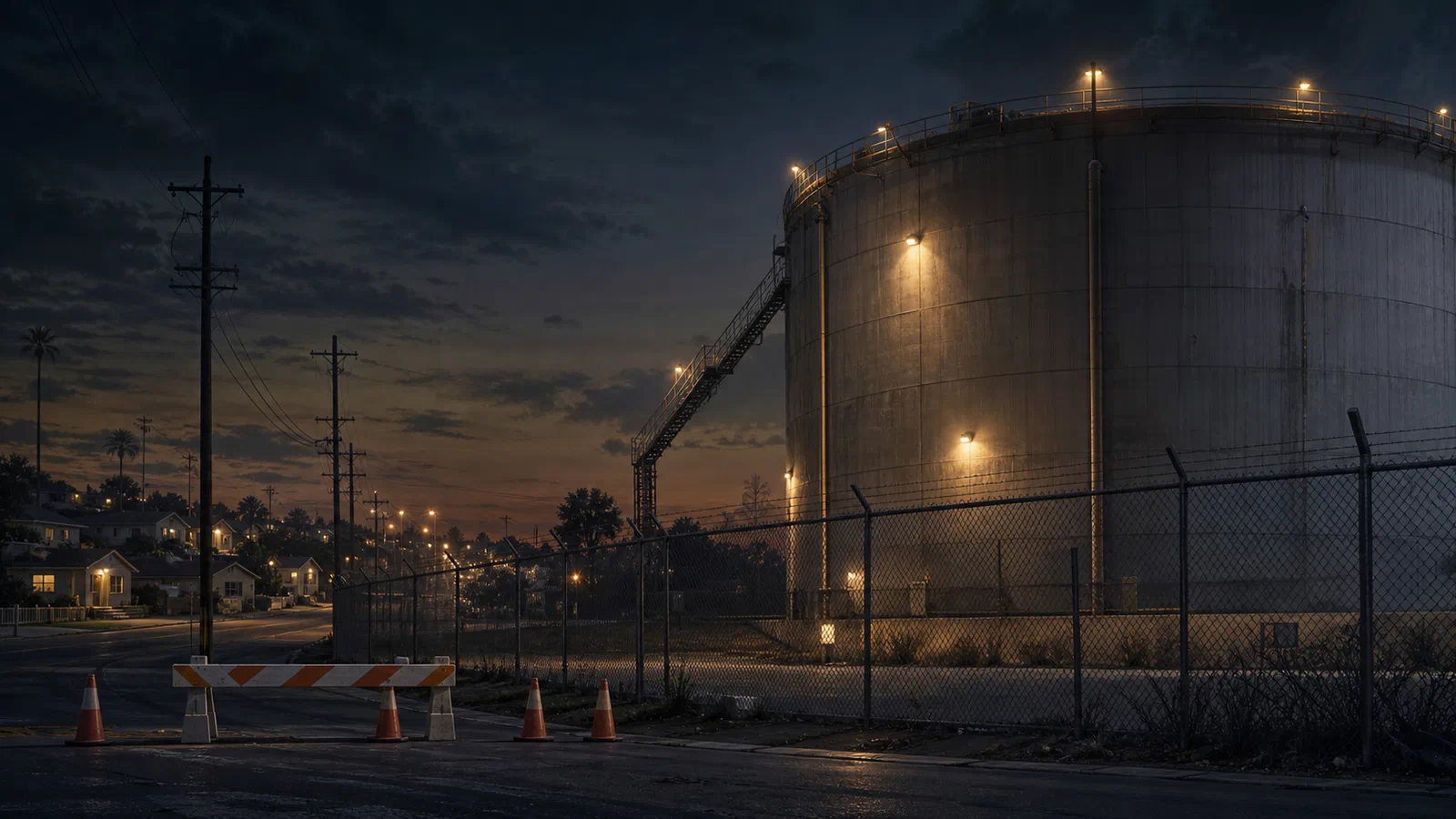 A large industrial tank behind a chain-link fence with dim houses beyond the evacuation line.