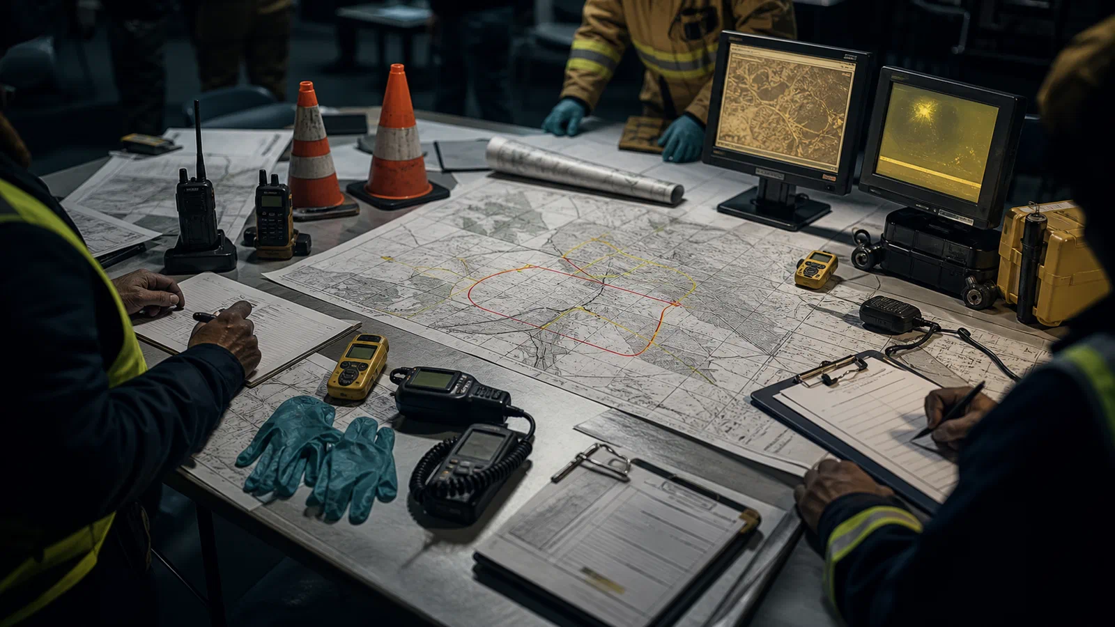 A command table with maps, radios, air monitors, and road closure cones laid out under a hard overhead light.