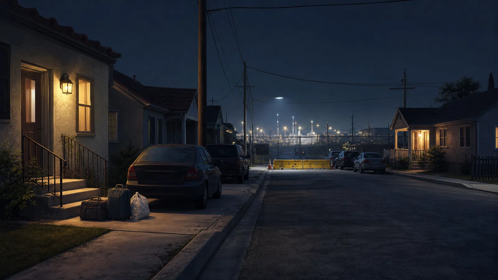 A quiet residential street at night with porch lights on and an evacuation barrier at the far end.