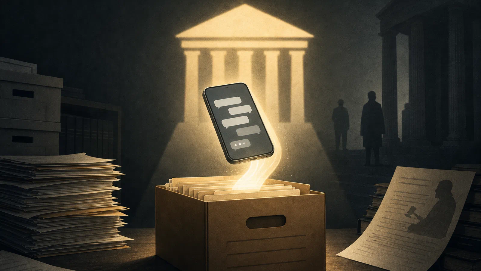 Editorial illustration of a glowing phone message moving into an archival records box under a court-order light.