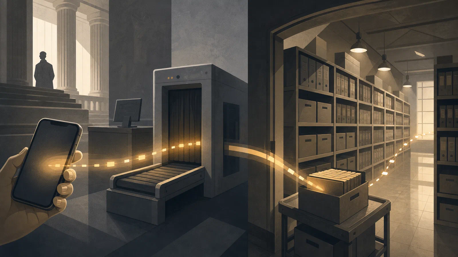Editorial illustration of a private phone message passing through a courthouse scanner into a labeled archival storage system, with no readable text.