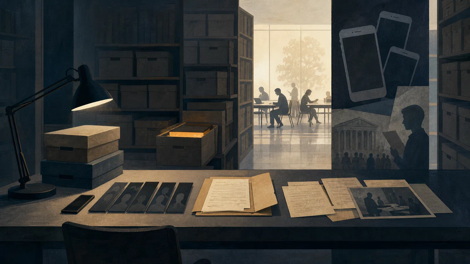 Editorial illustration of a future archive reading room where sealed records boxes, phone silhouettes, and court papers converge under a restrained institutional light.