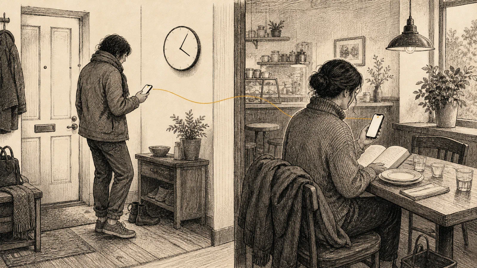 In a split domestic scene, one person sends an update from a home doorway while another reads it at a café table beside a book and coat.