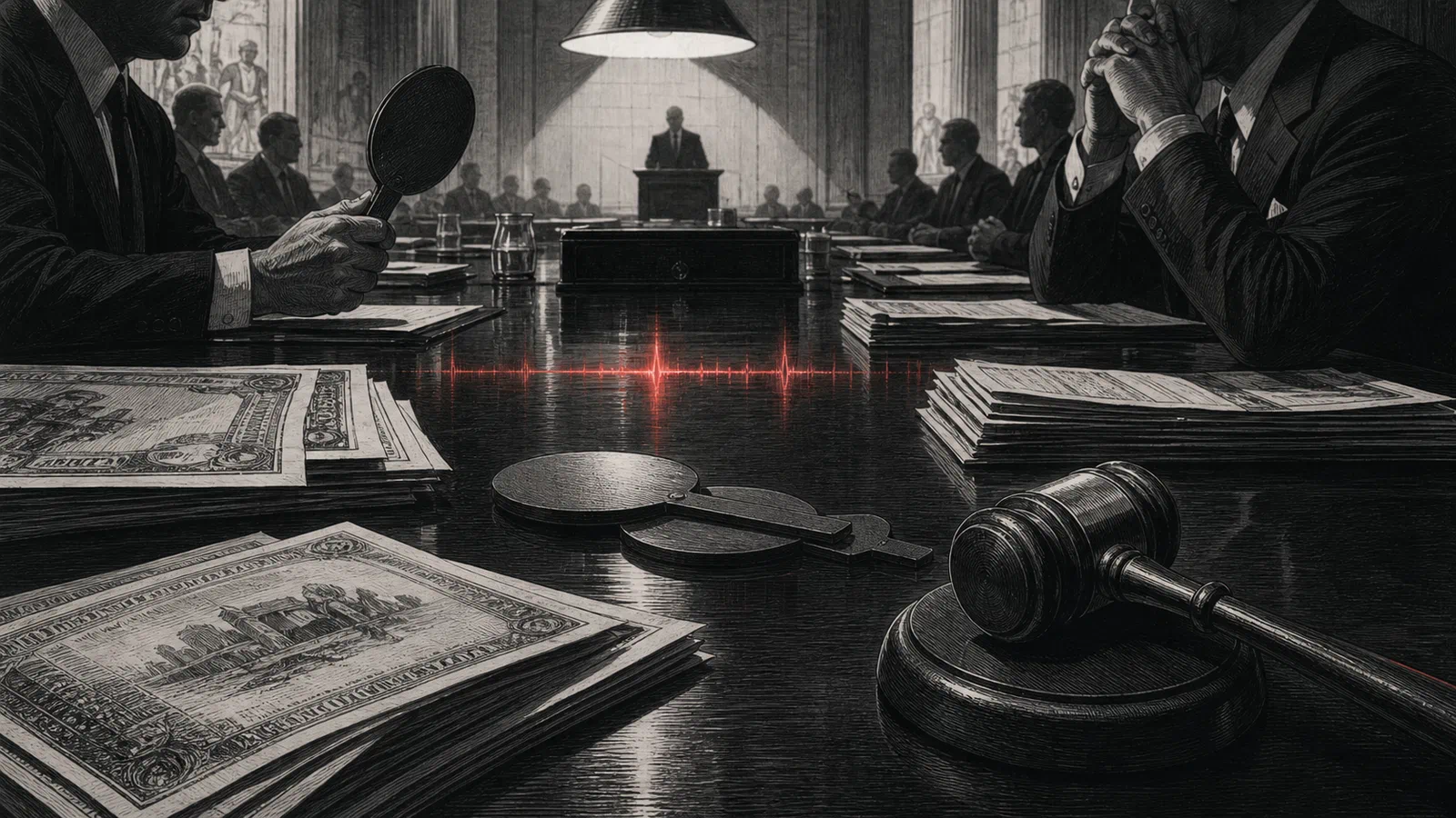 A Treasury auction table under hard light, with bond papers, bidder paddles, and a faint red heat line reflected across the polished surface.