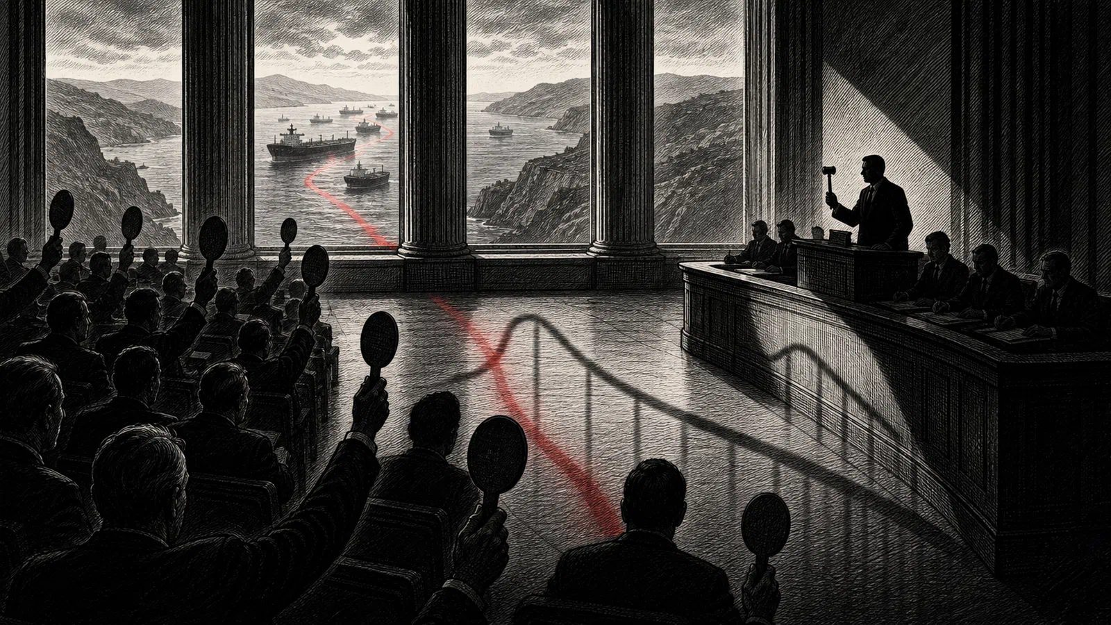 An austere bond-auction room with bidder paddles, a yield curve cast as a shadow, and distant silhouettes of oil tankers outside tall windows.