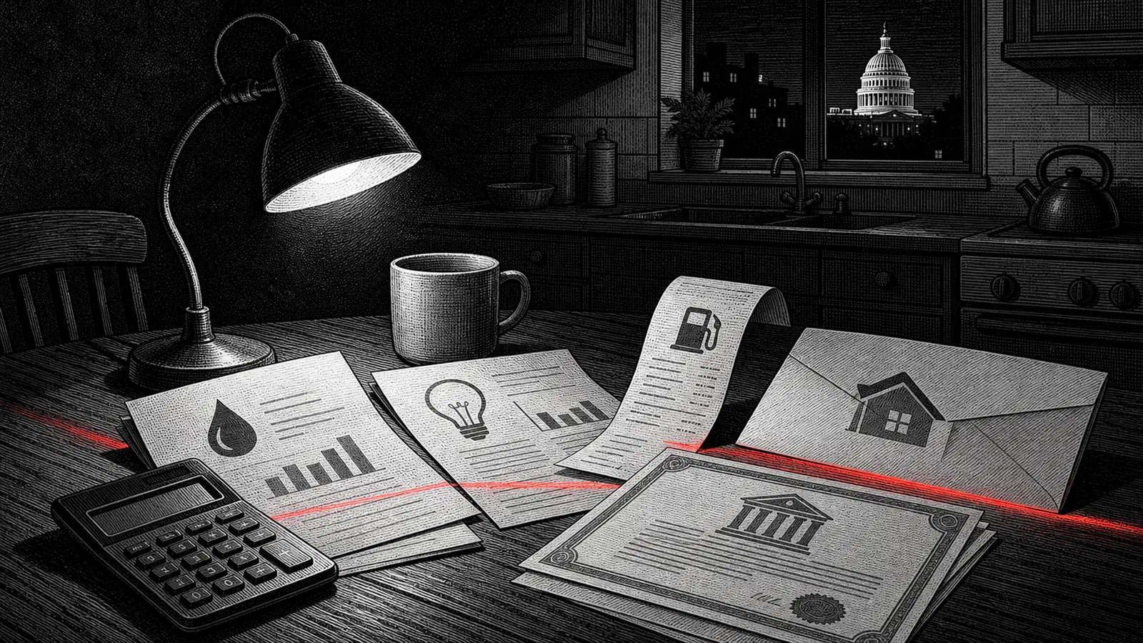 A household table with a Treasury note, utility bill, gas receipt, and calculator under a narrow red reflection, linking national borrowing to ordinary costs.