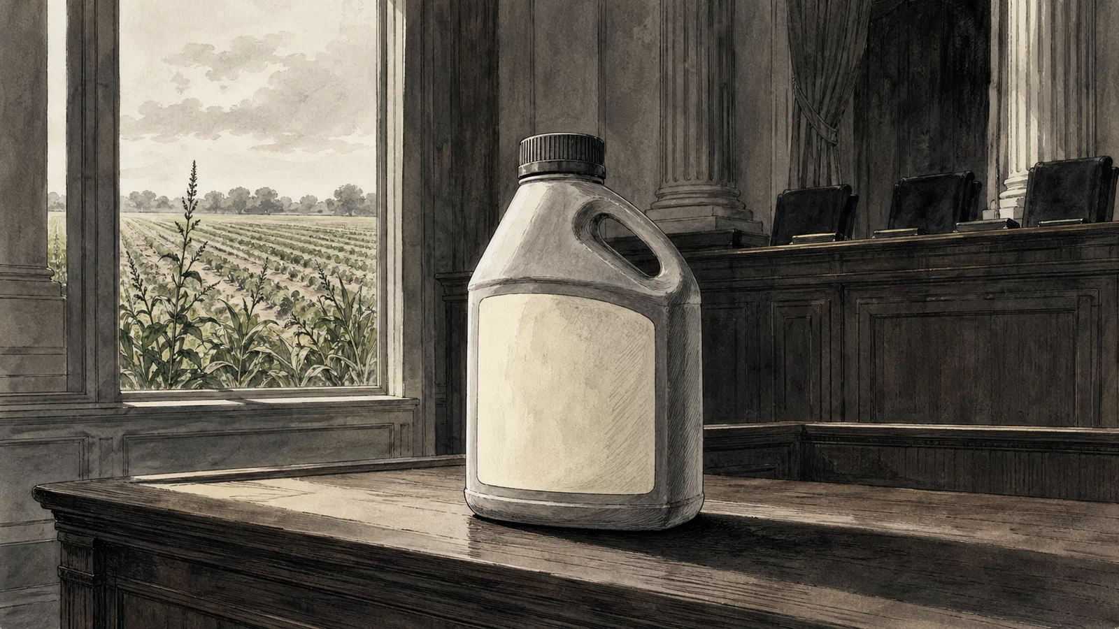 A weedkiller bottle sits on a courthouse bench, its blank label lit by a greenish field outside the window.