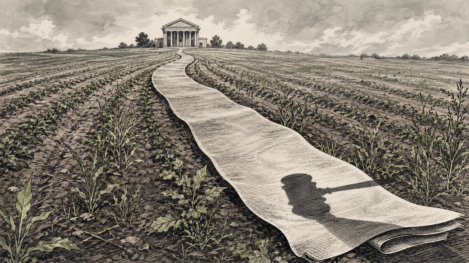 Rows of crops bend toward a courthouse-shaped horizon while a single paper label casts a long shadow over the field.