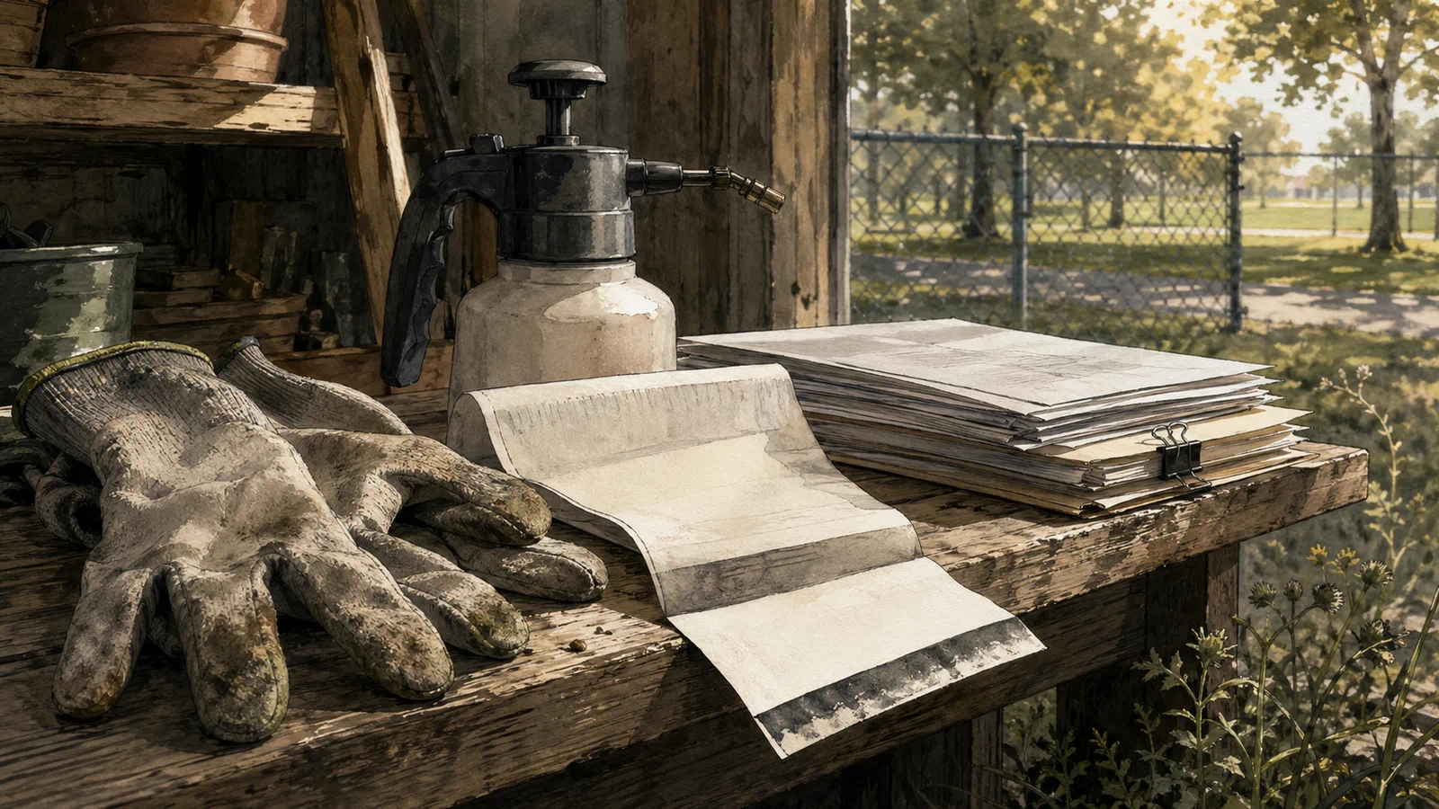 A folded pesticide label rests beside gardening gloves, a small sprayer, and a stack of court papers under late afternoon light.