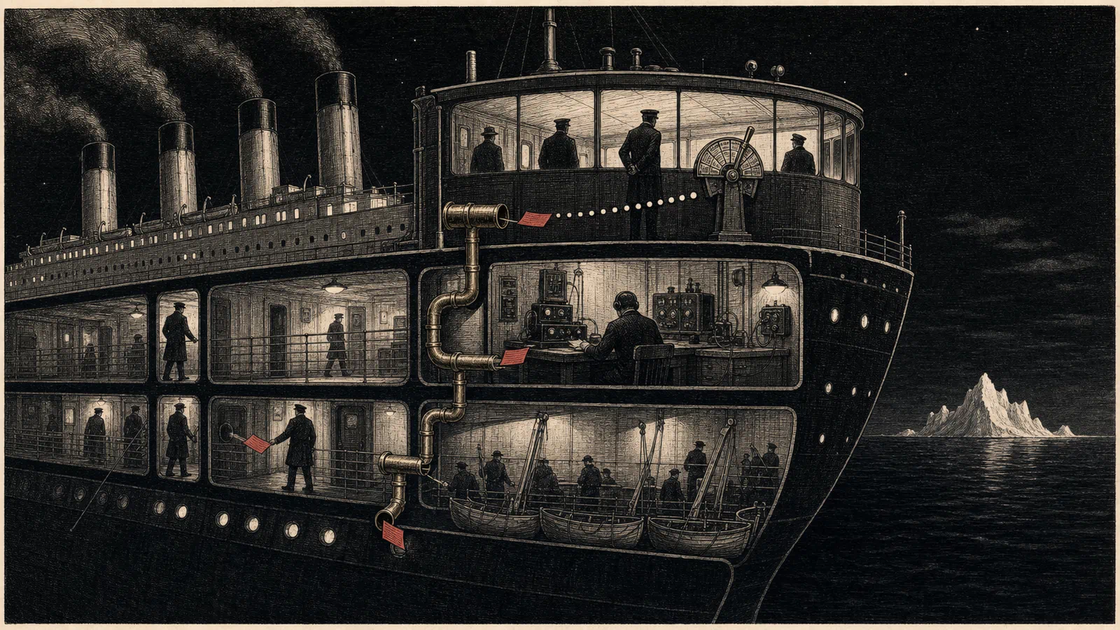 An editorial cutaway of an ocean liner whose warning messages descend through decks toward lifeboats below.