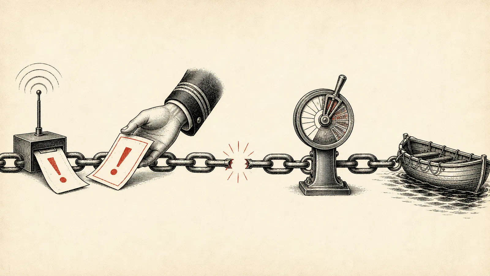 A restrained editorial infographic showing a chain from warning to authority to action, with the final link visibly broken.