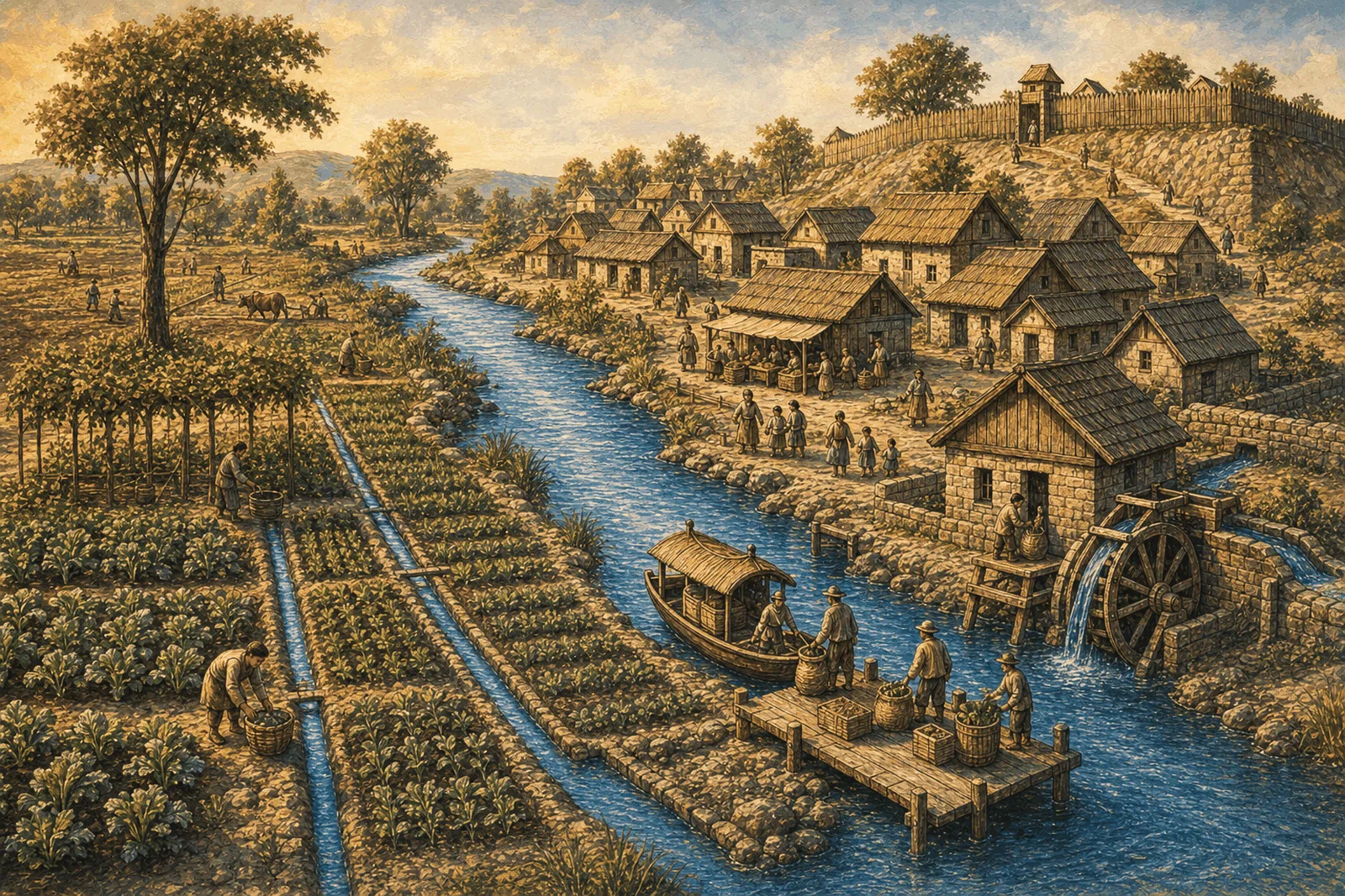 Ink-and-watercolor scene of an early settlement beside water, with small details suggesting food, transport, trade, power, waste removal, and civic life.
