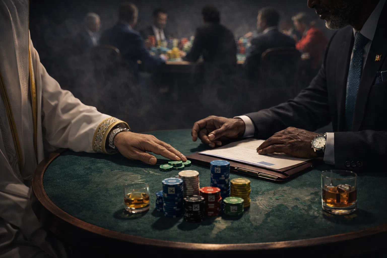 Two players sit at a smoky poker table with chips, papers, and drinks while another table blurs in the background.