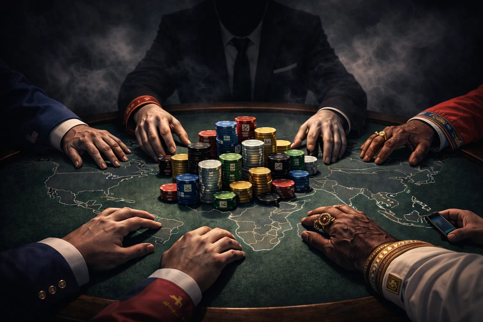 World leaders sit around a smoky poker table covered with a map and stacks of chips.