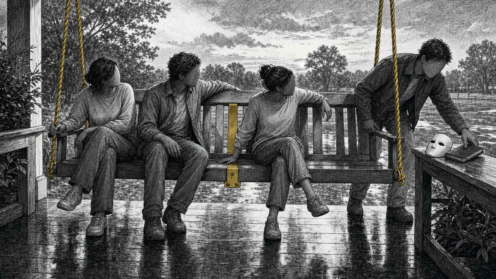 An anonymous adult sets a blank mask and folded notebook on a porch rail while three adults make room on a long swing held by faded ochre-yellow ropes.