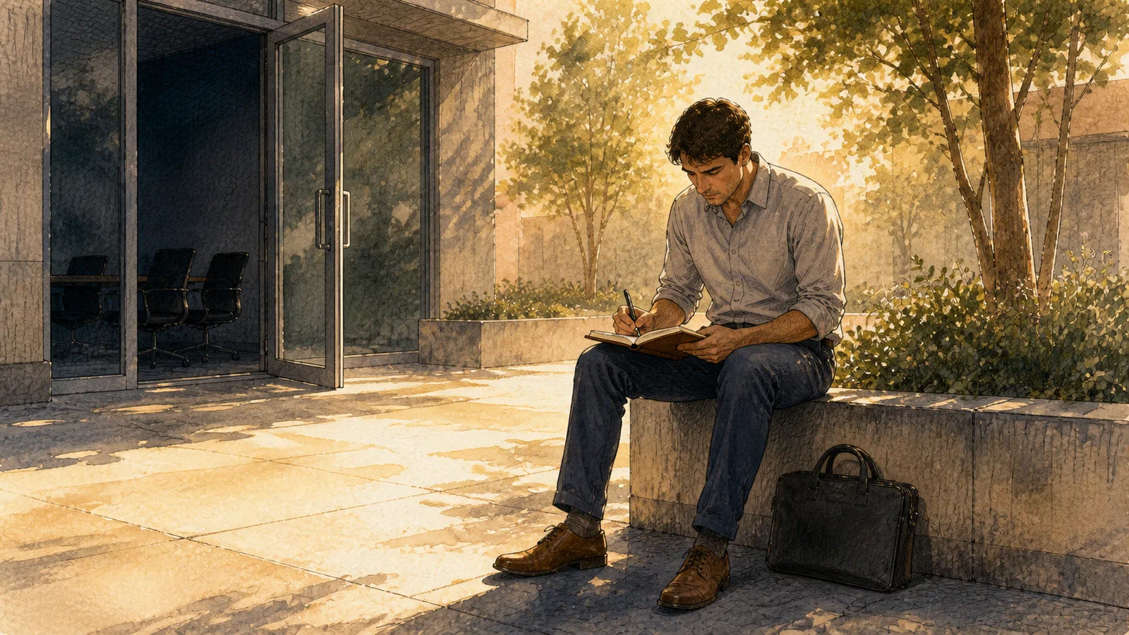 The same anonymous man sits on a low concrete wall outside the office, writing in an open notebook across his knees while his laptop bag rests beside him.