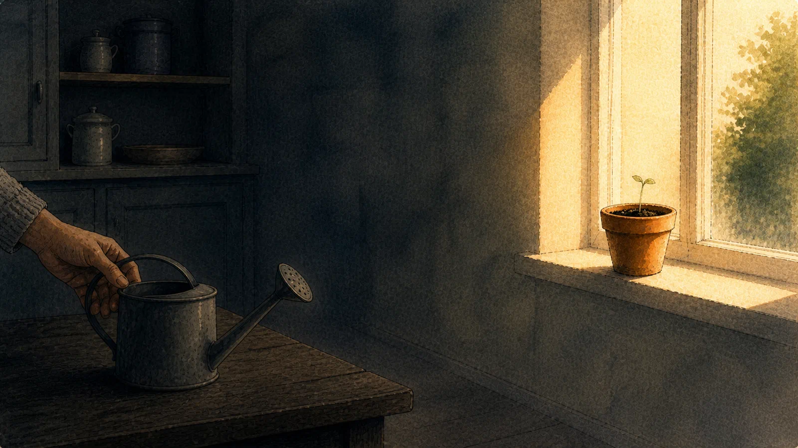 An anonymous hand sets a small metal watering can on a shadowed kitchen table, well away from the tiny tomato seedling in warm window light.