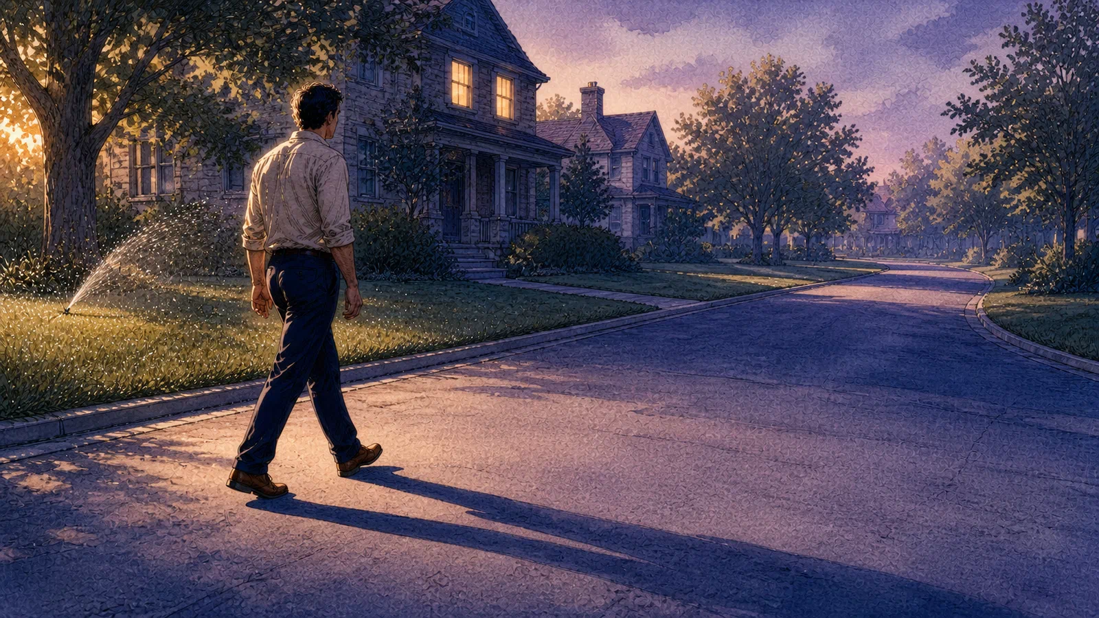 The same man walks across a quiet blue-violet street as a sprinkler arcs through dew and his long shadow reaches ahead toward the bend.