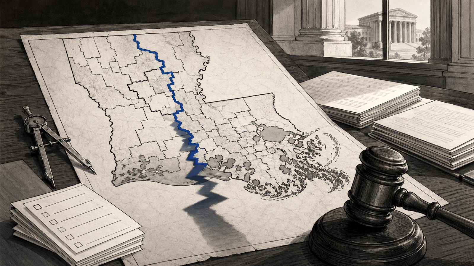 Editorial illustration of a Louisiana-style congressional map on a legal drafting table, with one blue district line casting a sharp shadow beside court papers and a gavel.