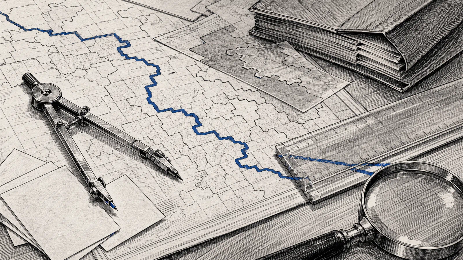 Close-up editorial illustration of mapmaking tools, blank ballots, and layered district templates with a narrowing blue line beneath a ruler.