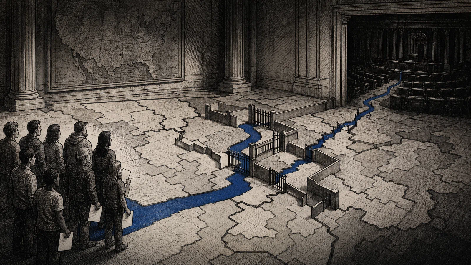 Editorial illustration of voters on a map-floor, a blue path running through district gates toward empty congressional seats in shadow.