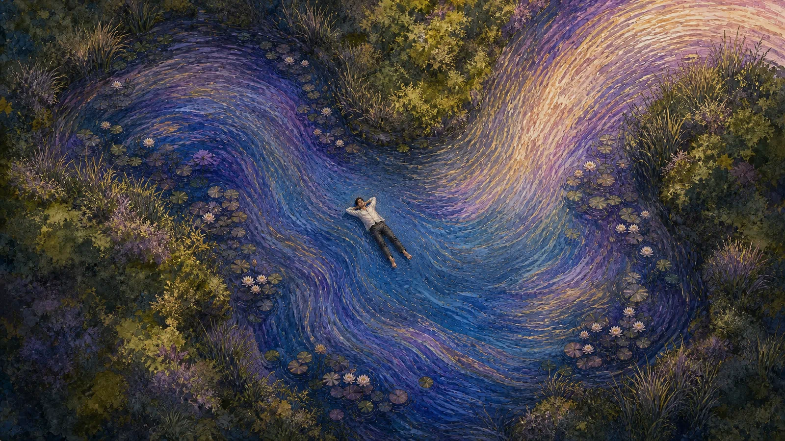 From high overhead, the same barefoot man floats face-up with hands behind his head while a blue-violet river bends between water lilies and dark green banks toward gold light.