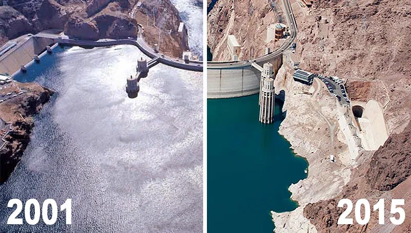 Hoover Dam at Lake Mead in 2001 vs 2015