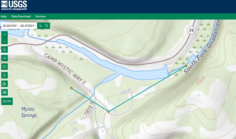 USGS elevation map with cross-section line through Camp Mystic.