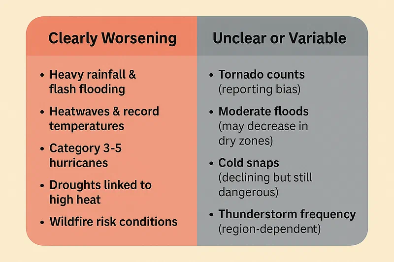 Summary graphic comparing clearly worsening and unclear or variable extreme weather trends.