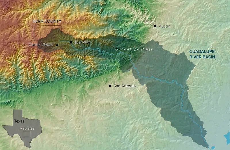 Map of the Guadalupe River Basin, Kerr County, and Camp Mystic.