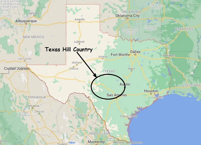 Map of Texas marking the Hill Country between Austin and San Antonio.