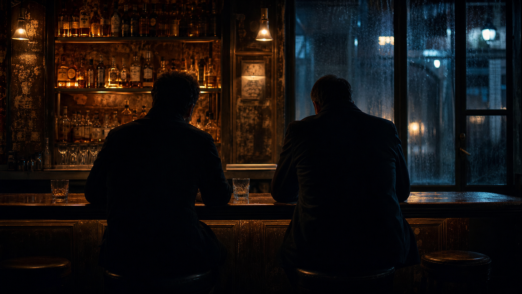 Two anonymous men in silhouette sit side by side at a warmly lit bar on a rainy night.